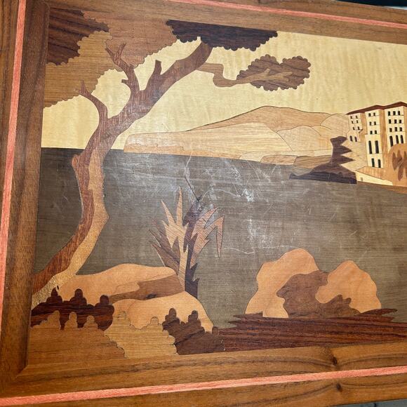 Wood Inlay Marquetry Panel European Coastal Scene Italy 16" x 12" Handcraafted - Picture 6 of 9